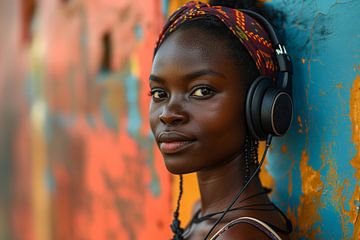 Afrikanische Frau mit Kopfhörern an einer Hauswand von Animaflora PicsStock