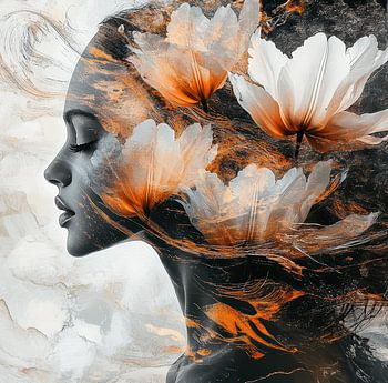 Portrait Dame | Orange et Anthracite avec Fleurs