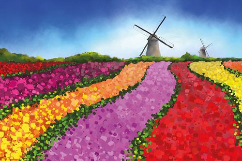 Nederlandse tulpenvelden met twee windmolens