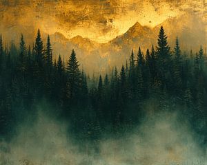 Berglandschaft mit Bäumen und Nebel im Vordergrund