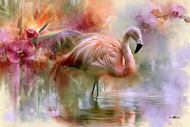 Flamant rose et fleurs tropicales