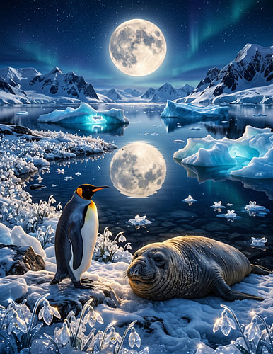Pinguin und Robbe unter dem arktischen Mond