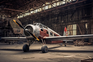 Vintage-Propellerflugzeug in einem alten, heruntergekommenen Hangar
