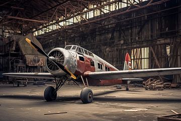 Vintage-Propellerflugzeug in einem alten, heruntergekommenen Hangar von Animaflora PicsStock