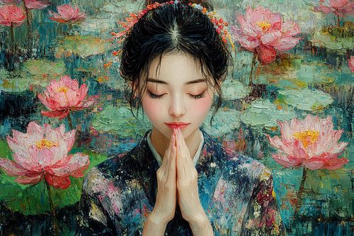 japanse schilderkunst  Biddende Geisha met lotusbloemen