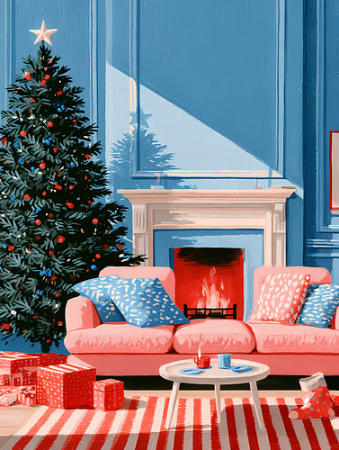 Blue Christmas Living Room with Fireplace