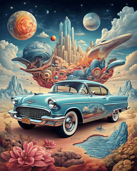 Poster rétro de science-fiction - Une voiture classique de collection dans un monde de rêve futuriste par Conpo Design