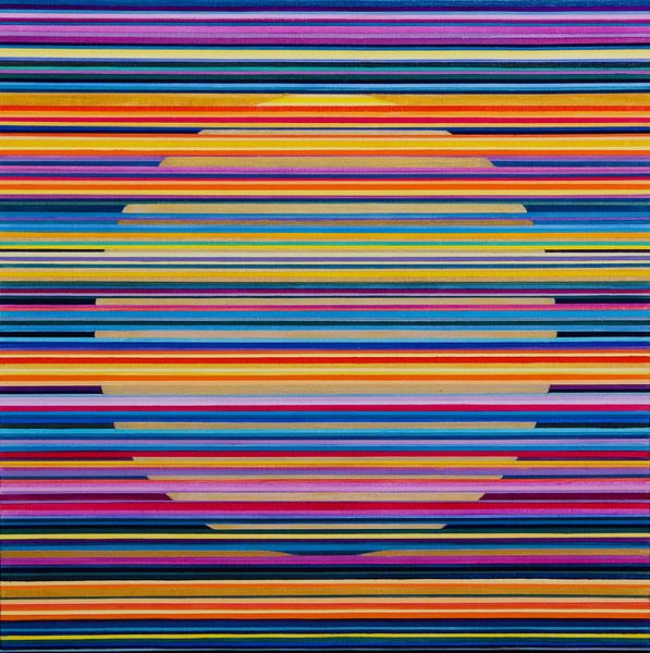 Golden Sunrise | Painting abstract stripe with golden circle by Anja Namink - Paintings