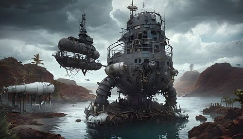 Haven scène, onbekende machine, surrealistisch