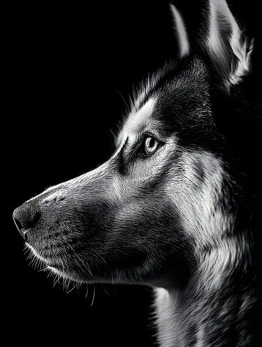 Waakzame blik - Husky in zwart-wit