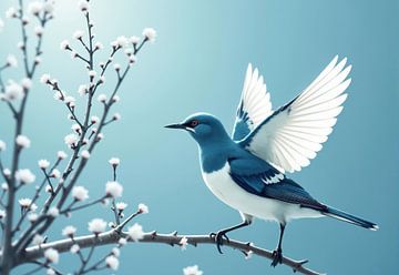 Blauw-witte vogel op bloeiende tak van Markus Gann