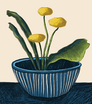 Ikebana stilleven gele bloemen in blauwe vaas