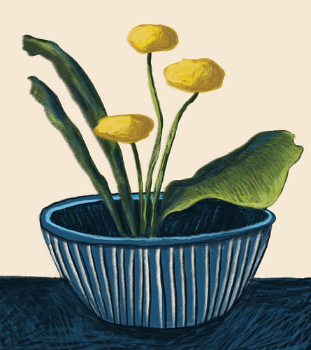 Ikebana still life with yellow flowers in a blue vase