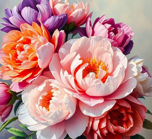 Een kleurrijk beeld van pioen rozen bloemen.