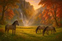 Tarpan-Pferde am Wasserfall