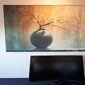 Klantfoto: Stilleven in Groen | Whispered Blossom Resonance | Stilleven in Groen van Kunst Kriebels, als ArtFrame