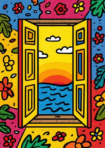 Colourful window with sea and sunset