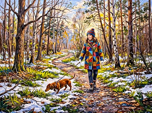 Dachshund Walking Along Sunlit Snowy Forest Path