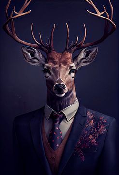 Stately standing portrait of a Deer in a suit by Maarten Knops