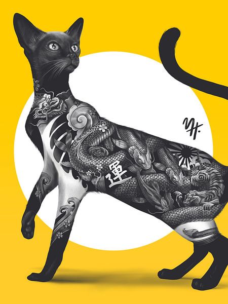 Tatouage de chat japonais jaune par Mark Harrison
