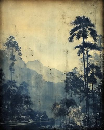 Impression vintage en bleu d'un paysage tropical