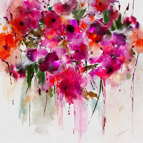 Bright red flower party by annemiek art