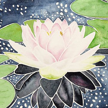 Rosa Lotus in funkelndem Wasser (Aquarell Malerei Blumen Pflanzen Teich Yoga Buddhismus Quadrat)