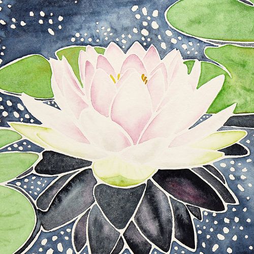 Roze lotus in sprankelend water (aquarel schilderij bloemen planten vijver yoga boeddhisme vierkant)