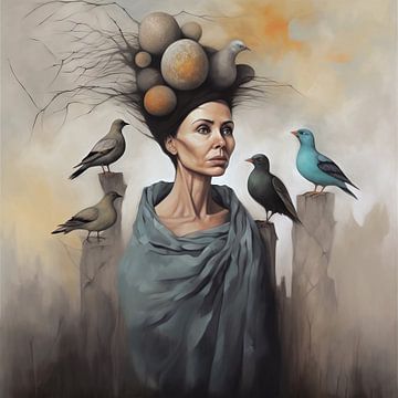 Vrouw met vogels en een nest met eieren op haar hoofd van Laila Bakker