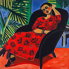 Woman in red chair