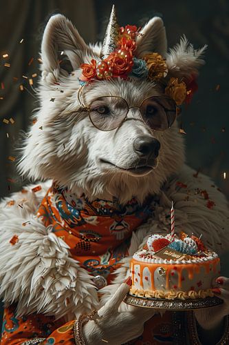 Wolf met verjaardagshoed