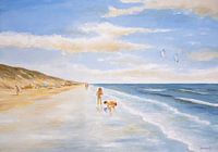 Spelende kinderen op het strand. Aquarel op papier
