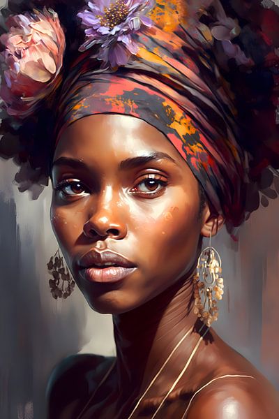 Beautiful woman of colour with colourful dark headband by Steinfox Art