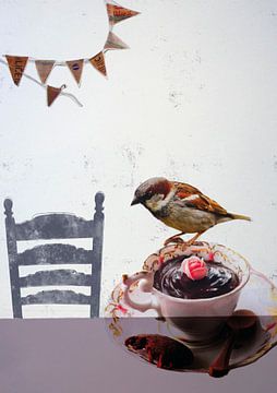 Collage Art Print - Bird friends party by Angela Peters
