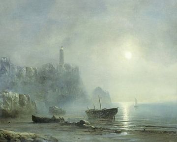 Digitally restored. View of a rocky coast by moonlight of Théodore Gudin. Digital