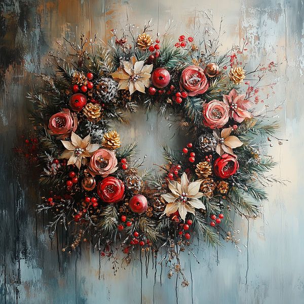 Couronne de pommes de pin à fleurs rouges par Peinture Abstraite