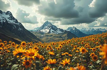 Sunflower Field with Mountains and Cloudy Sky by Markus Gann