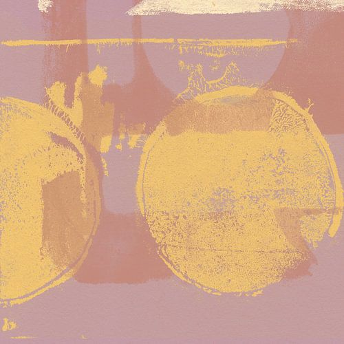 Abstracte vormen in lila en geel.