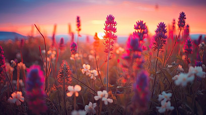 Abendrot über Sommerblumenfeld von Vlindertuin-Art