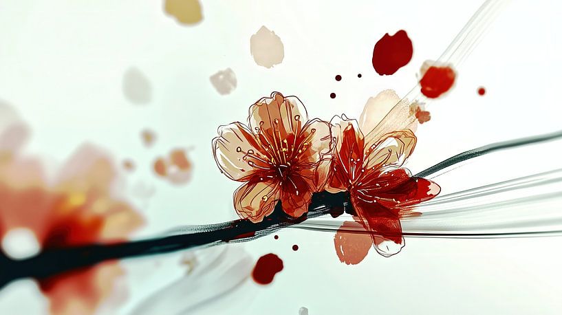 Rode bloemen op een fijne takkenlijn van Frank Heinz
