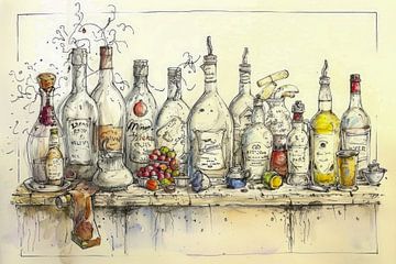 Tekening, stilleven, wijn, feest -5 van Peter Pen Tekeningen