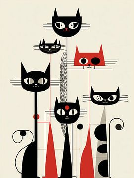 Silly cats in black and red | Playful graphic art by Lauren Wilde