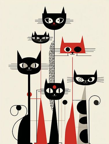 Malle katten in zwart en rood | Speelse grafische kunst