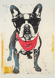 Coole Französische Bulldogge mit Sonnenbrille und rotem Bandana – Pop-Art Siebdruck-Stil von Dave Schloffi