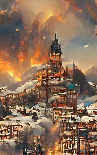 Schneebedeckte Stadt während eines Vulkanausbruchs.