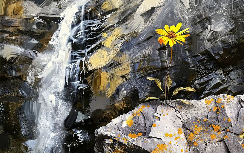 Gelbe Blume am Wasserfall von Frank Heinz