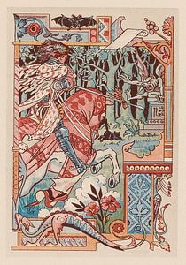 Ritter auf seinem Pferd, der seine Lanze gegen eine Teufelin richtet von Eugène Grasset