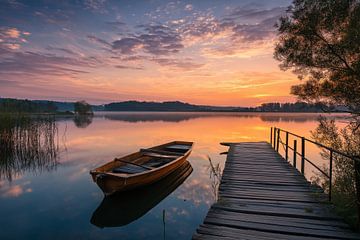 Einsames Boot am See im Abendrot