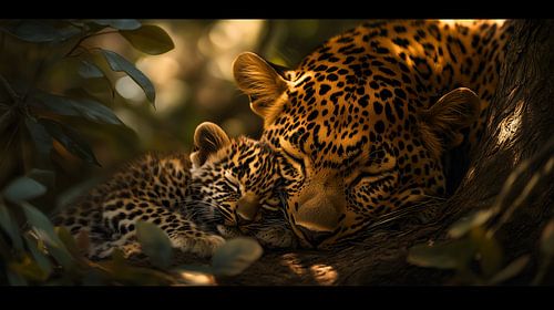 Leopard and Cub Sleeping Peacefully