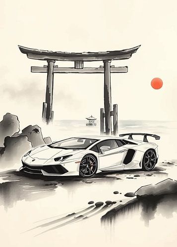 Lamborghini Aventador Japans Sumi-e schilderij